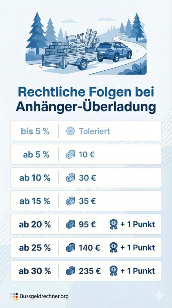 Diese Infografik veranschaulicht, wie hoch das Bußgeld beim Überladen des Anhängers ausfällt.