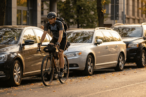 Um Innerorts ein Fahrrad zu überholen, muss ein Abstand von 1,5m zwischen dem Auto und dem Fahrrad bestehen.